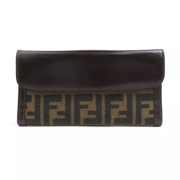 Auth FENDI Zucca Bifold Long Wallet Brown Canvas/Leather - Picture 1 of 8